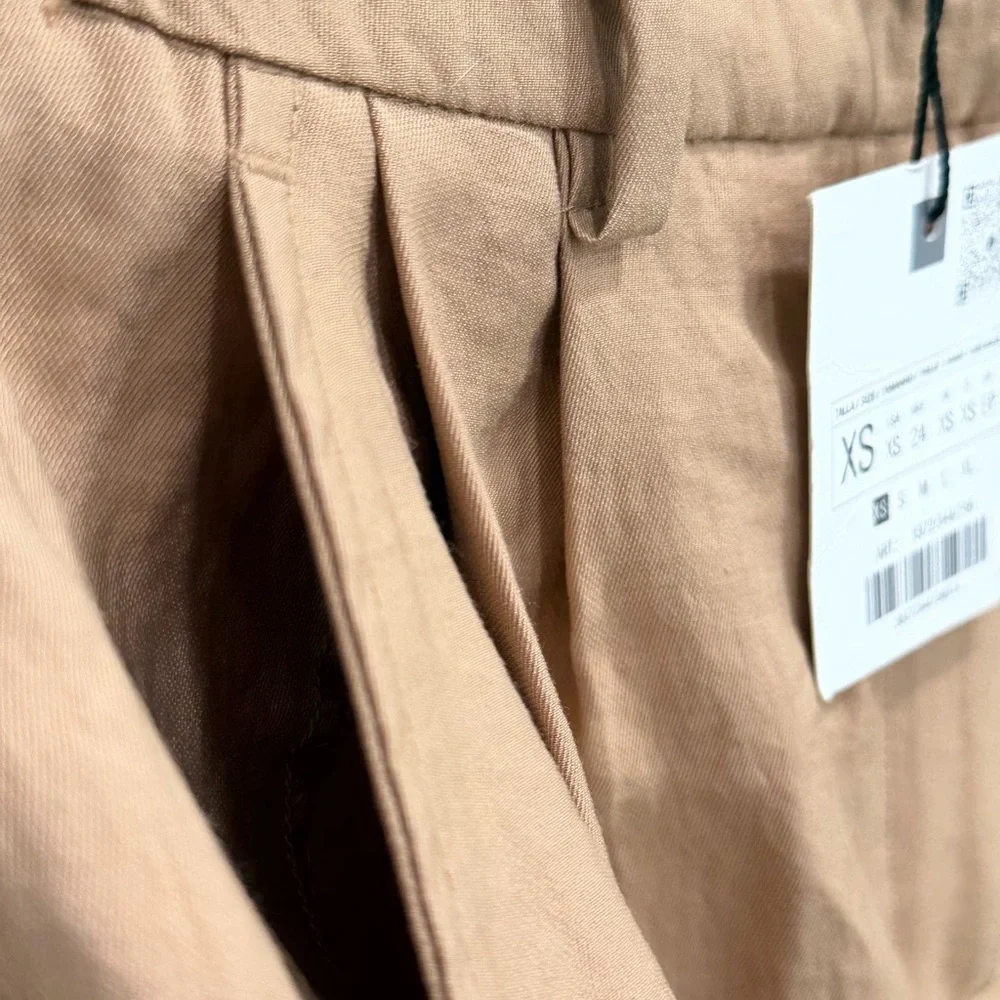 Zara Tan Pleated High-Waist Bermuda Shorts